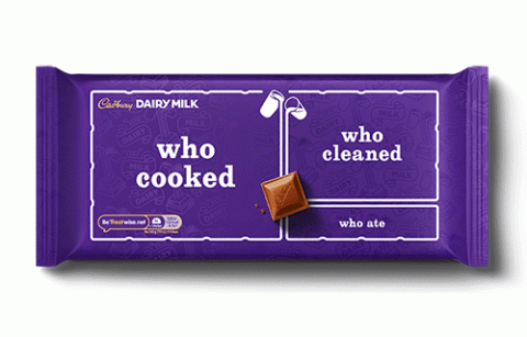 A bar of Cadbury chocolate in purple wrapping, with sections drawn on splitting the portions into who cooked, who cleaned, and who ate