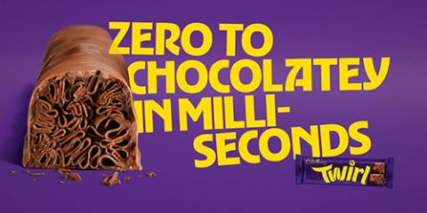 Image of a twirl chocolate bar, labelled Zero to Chocolatey in Milli-seconds