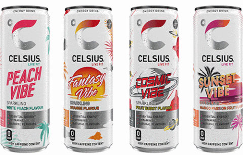 A row of Celsius cans in different flavours