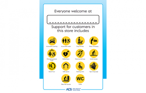 A poster reading "everyone welcome at [blank] | Support for customers in this store includes [icons showcasing different support available in store]"