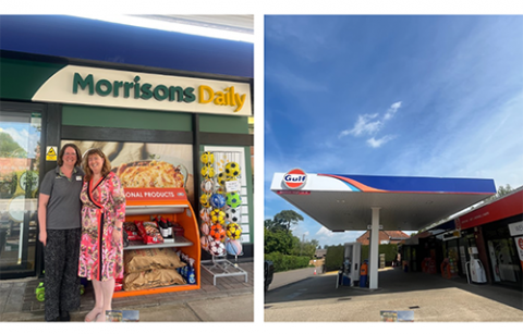 A collage of two images: Two people standing outside Morrisons Daily smiling, and a forecourt