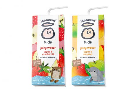 Two cartons of Innocent Juicy Water on a white background