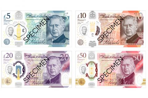 Image showing polymer £5, £10, £20 and £50 banknotes with King Charles III on them