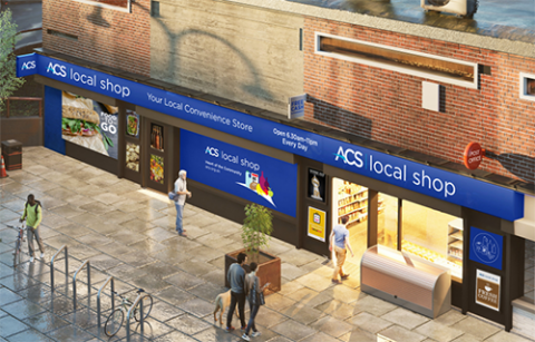 Graphic of people walking into a convenience store labelled "ACS Local Shop"