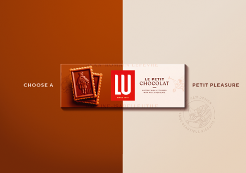 An image of LU Petit Chocolat biscuit packaging, which is split into two colours with an image of the biscuit and red LU logo