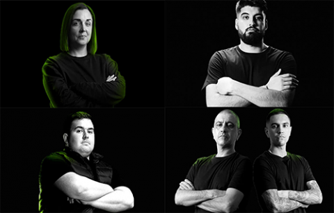 Four images of retailers in black and white with green lighting folding their arms across their chest