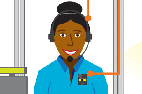A graphic of a retailer wearing a headset and body worn camera