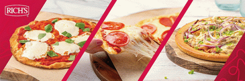 A three sectioned image showcasing three different frozen pizzas from Rich's