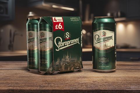Multipack of four Staropramen beer cans (green), with one standing alone beside it