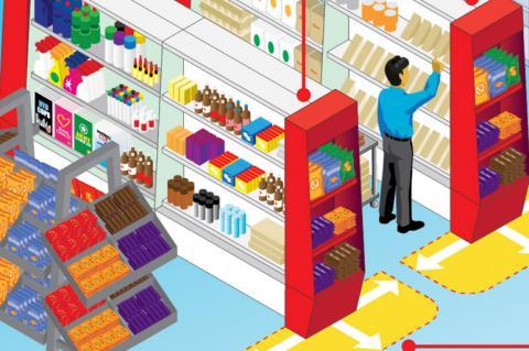 Man reaching for shelf displaying food high in HFSS