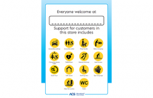 Everyone welcome at (blank space for store name) | Support for customers in this store includes: (pictures of various icons showcasing support in store)