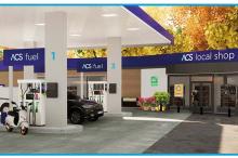Image of a blue and white forecourt labelled ACS fuel, ACS Local Shop