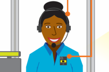 A graphic of a retailer wearing a headset and body worn camera