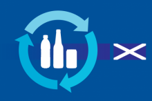 Blue image showing bottles and cans with a circular arrow around them alongside a Scottish flag