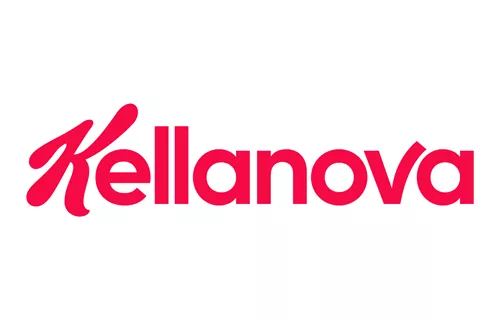 White background with red text with the word 'Kellanova'