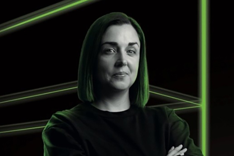 A woman looking at the camera
